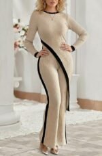 Kadın Uzun Kollu Bisiklet Yaka Asimetrik Kesim Bluz şardonlu Kaşkorse Bluz Ve Pantolon Ikili Takım - Görsel 4