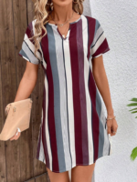 Kadın Kısa Kollu V Yakalı çizgi Baskılı Süprem Elbise - Görsel 3