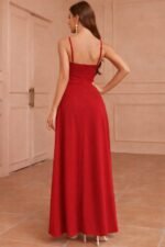 Kadın Ip Askılı Kruvaze Yakalı Yırtmaçlı Uzun Ithal Krep Elbise - Görsel 3