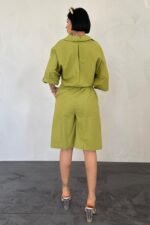 Yağ Yeşili Kısa Kollu Keten Gömlek Ve Şort Takım - Görsel 3
