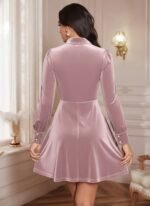 Kadın Uzun Kollu Yakalı Tül Detaylı Incili Mini Kadife Elbise - Görsel 3