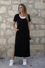 Kadın Kısa Kollu Içi Atlet Görünümlü Yandan Yırtmaçlı Uzun Viskon Elbise - Görsel 3