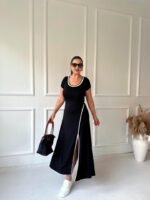 Kadın Yuvarlak Ribana Yaka Beyaz Yırtmaç Detaylı Viskon Tam Boy Elbise - Görsel 7