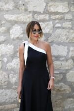 Kadın Tek Omuzu Açık Omuzlardan Kurdela Detaylı çift Renkli Ithal Krep Elbise