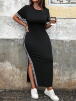 Kadın Kısa Kollu Bisiklet Yaka Yandan şerit Ve Yırtmaçlı Viskon Iki Iplik Elbise - Görsel 5