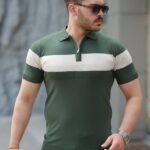 Erkek Fermuar Yakalı şerit Renk Desenli Kısa Kollu Tişört