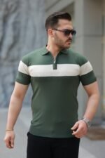 Erkek Fermuar Yakalı şerit Renk Desenli Kısa Kollu Tişört