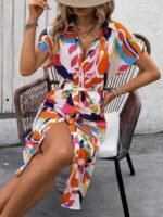 Kadın Kısa Kollu Yakalı önü Düğmeli önden Drapeli Desenli Süprem Elbise - Görsel 2