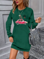 Kadın Uzun Kollu Bisiklet Yaka Desenli Viskon Iki Iplik Elbise