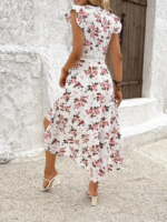 Kadın Kısa Kollu V Yakalı çiçek Desenli önü Kısa Arkası Uzun Süprem Elbise - Görsel 4