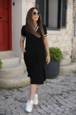 Kadın Kısa Kollu V Yaka Kol Ve Yaka Ribana Detay Midi Boy Viskon Elbise - Görsel 3