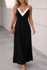 Kadın Ip Askılı Keskin V Yakalı Uzun Viskon Elbise