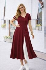 Kadın Kısa Kollu Asimetrik Yakalı Düğme Detaylı Midi Viskon Elbise - Görsel 3