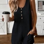 Kadın Omuz Askılı önden Düğmeli Waffle Kısa Tulum