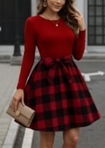 Kadın Uzun Kollu Bisiklet Yaka üst Viskon Alt Ekose Kısa Elbise - Görsel 3