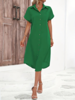 Kadın Kısa Kollu Yakalı Düğme Detay Midi Dokuma Elbise - Görsel 5