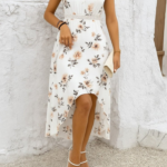 Kadın Kısa Kollu V Yakalı çiçek Desenli önü Kısa Arkası Uzun Pegasus Elbise