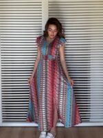 Kadın Kısa Kollu V Yakalı Desenli Yandan Yırtmaçlı Süprem Elbise - Görsel 3