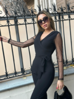 Kadın Uzun Kollu Kruvaze Yakalı Kolları Tül Detay Beli Kuşaklı Ithal Krep Tulum - Görsel 5