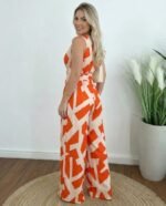 Kadın Askılı Kruvaze Yakalı Belden Kuşaklı Uzun Desenli Süprem Tulum - Görsel 3