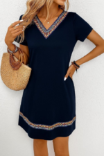 Kadın Kısa Kollu V Yakalı Etnik Desen şerit Detaylı Viskon Elbise