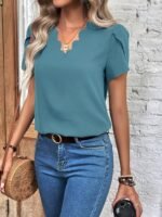 Kadın Kısa Kollu Lazer V Yakalı Ithal Krep Bluz - Görsel 2