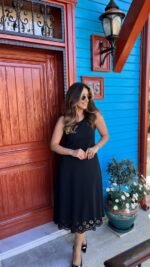 Kadın Kolsuz Etek Ucu Lazer Kesim çiçek Desenli Midi Boy Janjan Krep Elbise - Görsel 4