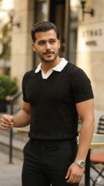 Erkek Desenli Kısa Kollu Triko Tişört - %100 Pamuk Akrilik - Görsel 2