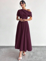 Kadın Omuzdan Açık Kısa Kollu Omuzdan Pileli Uzun Janjan Krep Elbise - Görsel 4