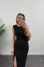 Kadın Askılı Kolsuz Belden Büzgülü Yırtmaçlı Midi Janjan Krep Elbise - Görsel 5