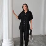 KETEN BELDEN BÜZGÜ DETAYLI GÖMLEK - PANTOLON TAKIM - Siyah