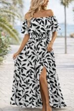 Kadın Madonna Yaka Göğüs Lastikli Yırtmaçlı Uzun Desenli Süprem Elbise - Görsel 3