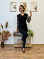 Kadın Uzun Kollu Kruvaze Yakalı Kolları Tül Detay Beli Kuşaklı Ithal Krep Tulum - Görsel 19