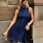 Kadın Omuzlardan Açık Bisiklet Yaka Kısa Kot Elbise