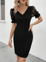 Kadın Kısa Kollu Dantelli V Yakalı Yanlardan Büzgülü çapraz Detaylı Ithal Krep Elbise - Görsel 6