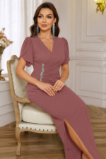 Kadın Kısa Kollu Kruvaze Yakalı Belden çiçek Aksesuarlı Yırtmaçlı Ithal Krep Elbise - Görsel 3