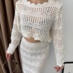 Kadın Uzun Kollu Kuş Gözü Transparan Detay Triko Bluz Ve Maxi Boy Etek Ikili Takım