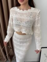 Kadın Uzun Kollu Kuş Gözü Transparan Detay Triko Bluz Ve Maxi Boy Etek Ikili Takım