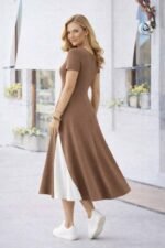 Kadın Kısa Kollu Asimetrik Yakalı Düğme Detaylı Midi Viskon Elbise - Görsel 3