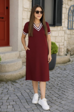 Kadın Kısa Kollu V Yaka Ve Yaka Ribana Detay Midiboy Viskon Elbise - Görsel 3