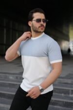 Erkek Renk Bloklu Bisiklet Yaka Kısa Kollu Triko Tişört - Görsel 2