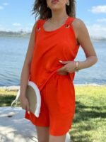 Kadın Kolsuz V Yaka Kuş Gözü Detay Bluz Short Aerobin Ikili Takım - Görsel 5