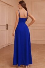 Kadın Ip Askılı Kruvaze Yakalı Yırtmaçlı Uzun Ithal Krep Elbise - Görsel 3