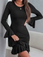 Kadın Uzun Kollu Yuvarlak Yaka Fırfırlı Kol Ucu Volanlı Janjan Krep Mini Elbise - Görsel 3