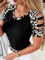 Kadın Kısa Kollu Yuvarlak Yaka Kollarda şerit Detaylı Leoparlı Viskon Bluz - Görsel 4