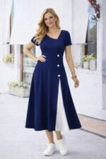 Kadın Kısa Kollu Asimetrik Yakalı Düğme Detaylı Midi Viskon Elbise - Görsel 2