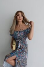 Kadın Kısa Kollu Madonna Yaka Fırfırlı Belden Yırtmaçlı Maksi Süprem Elbise - Görsel 3