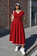 Kadın Kısa Kollu V Yakalı Pileli Uzun Janjan Krep Elbise - Görsel 2