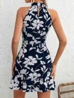 Kadın Omuzlardan Açık Balıkçı Yakalı Kuşaklı Desenli Kısa Süprem Elbise - Görsel 4