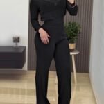 Kadın Uzun Kollu Yuvarlak Yaka Transparan Detaylı Triko Bluz Ve Pantolon Ikili Takım